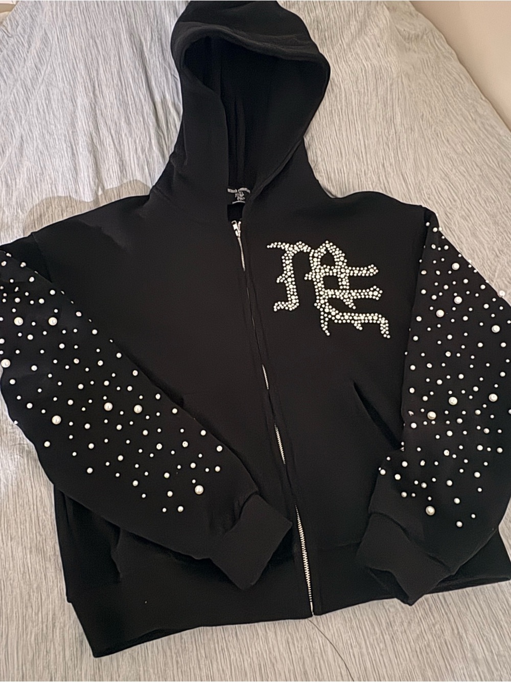 Mixed Emotions Black Zip-Up Hoodie with Pearl & Rhinestone Embellishments